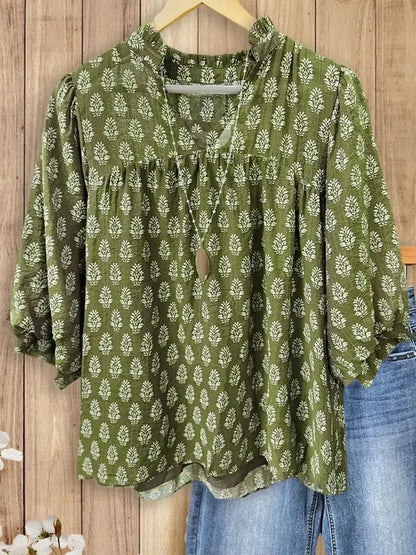 Women's V-Neck & Stand Collar Printed 3/4 Sleeve Blouse