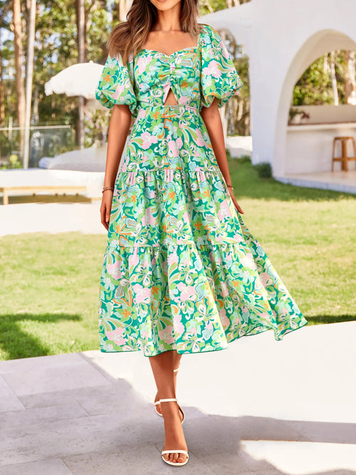 Women Square Neck Puff Sleeve Cutout Front Tiered Floral Midi Dress
