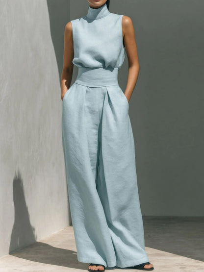Women Casual Minimalist High Neck Sleeveless Matching Wide Leg Trousers Set