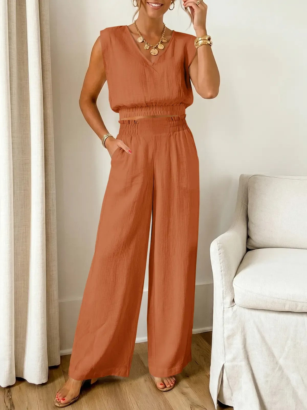 Women's Smocked Waist Sleeveless Top & Wide Leg Pants Set