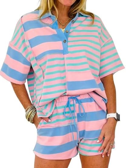 Women's Color Block Stripe Polo Matching Set