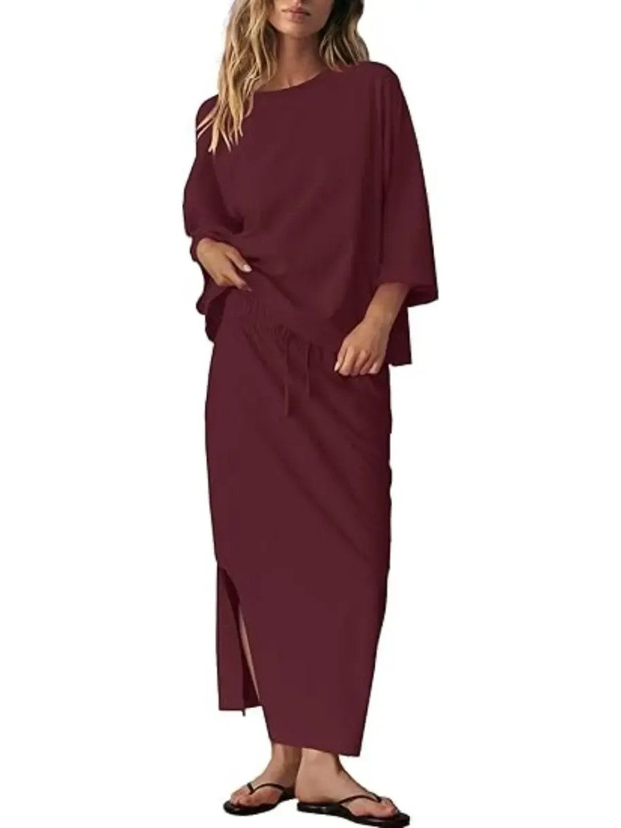Women's Loose Three-Quarter Sleeve Top & Maxi Skirt Two-Piece Set