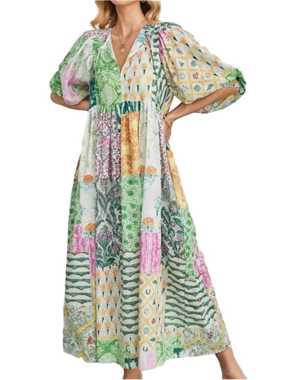 Women's Boho V Neck Flowy Midi Dress