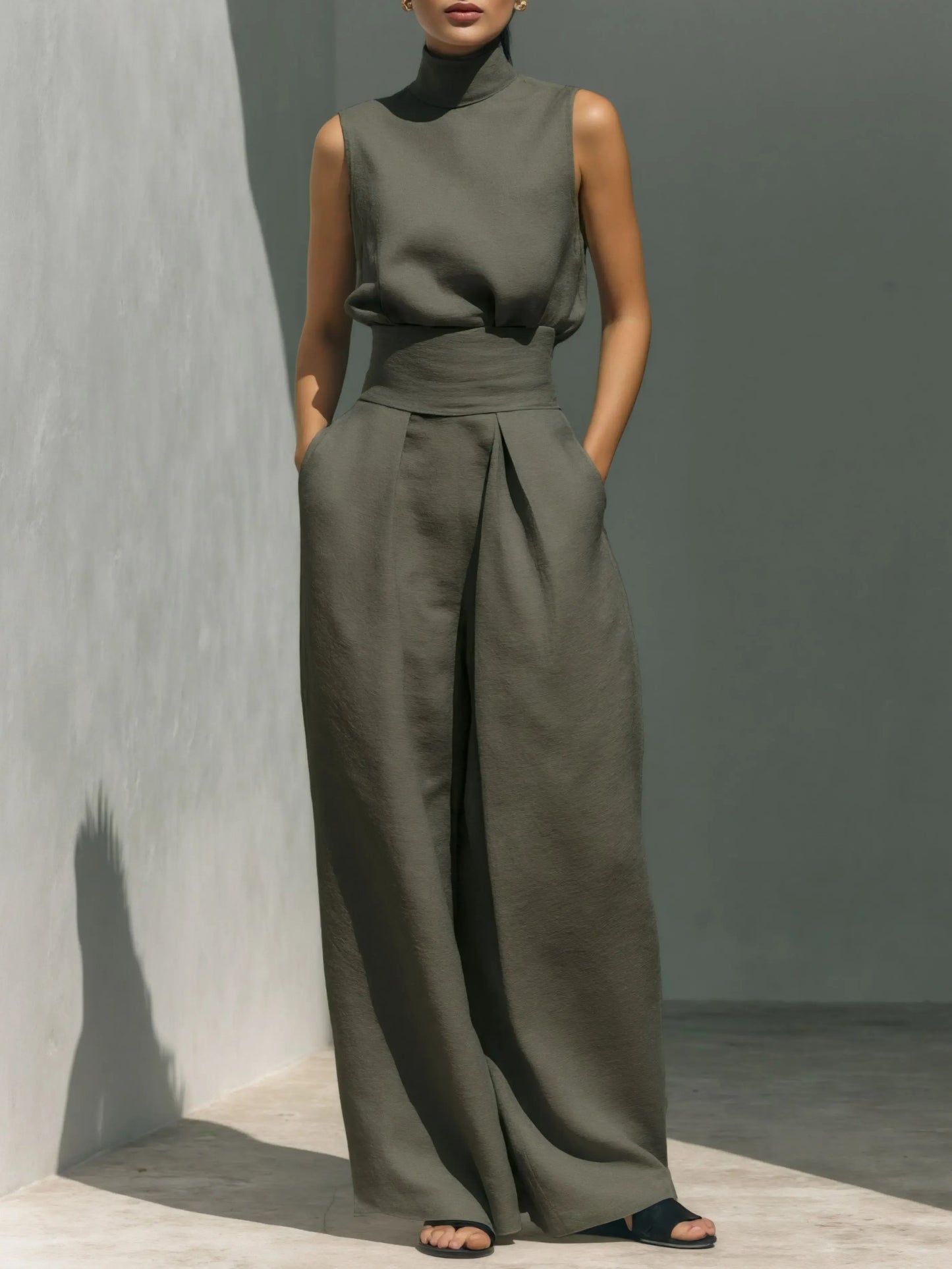 Women Casual Minimalist High Neck Sleeveless Matching Wide Leg Trousers Set