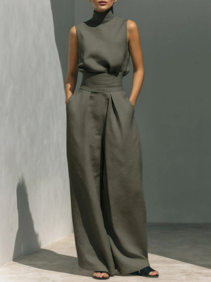 Women Casual Minimalist High Neck Sleeveless Matching Wide Leg Trousers Set