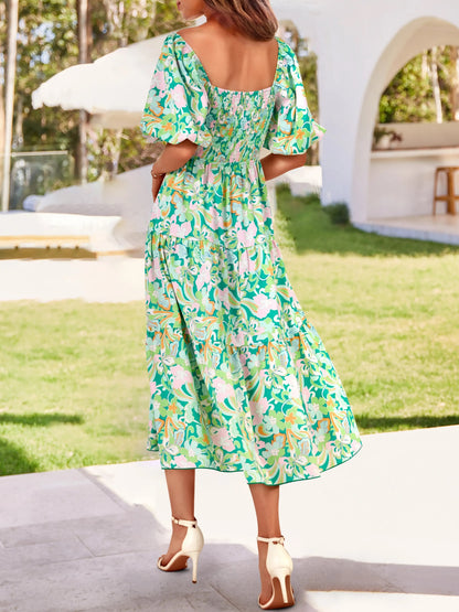 Women Square Neck Puff Sleeve Cutout Front Tiered Floral Midi Dress