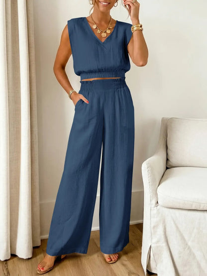 Women's Smocked Waist Sleeveless Top & Wide Leg Pants Set