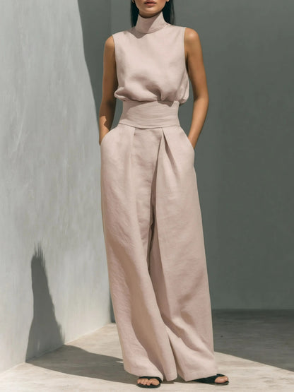 Women Casual Minimalist High Neck Sleeveless Matching Wide Leg Trousers Set