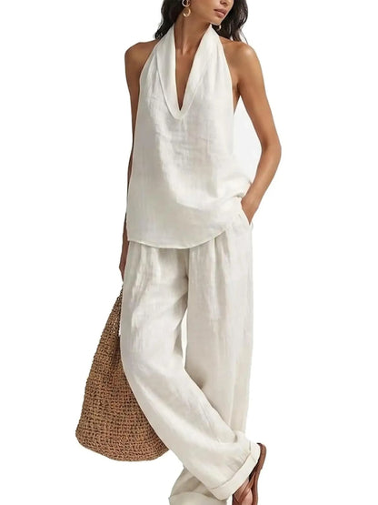 Women's Deep V‑Neck Halter Top & Wide Leg Pants Set
