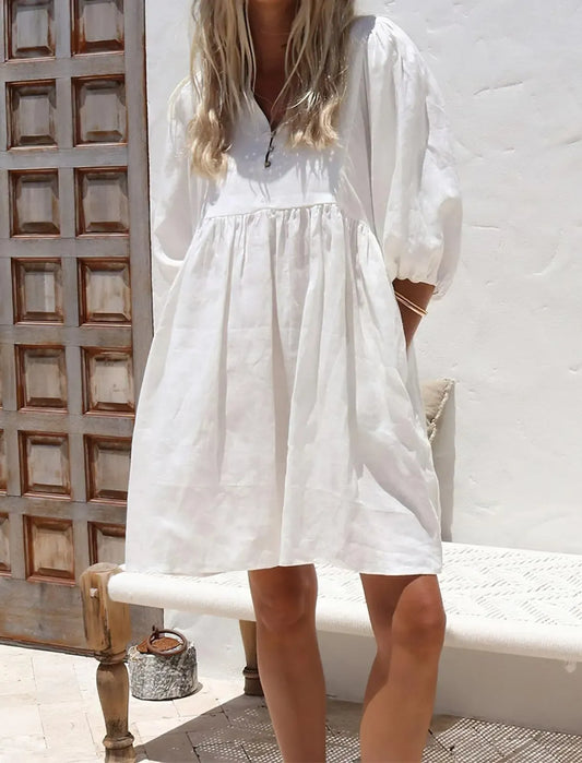 Women's Summer V-Neck Puff-Sleeve Dress Short Vacation Babydoll Dress