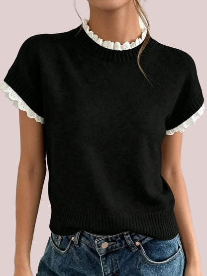 Women's Short Sleeve Lace Trim Mock Neck Knit Top