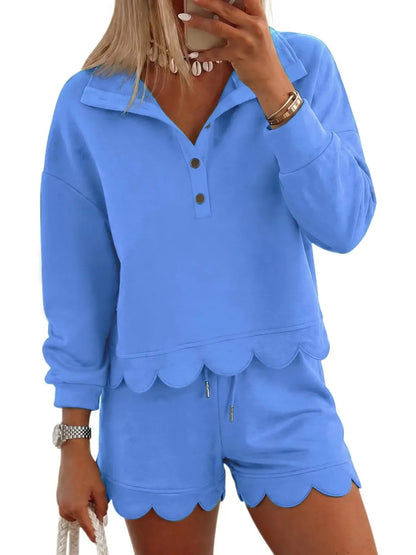 Women's Scallop Hem Half Zip Sweatshirt Shorts Set