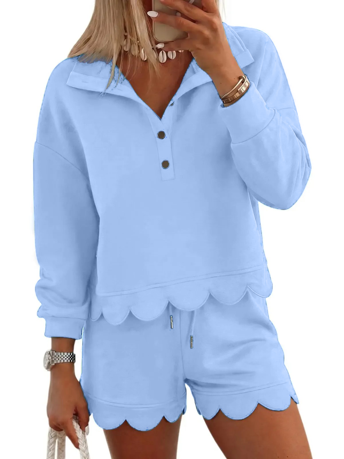 Women's Scalloped Hem 2 Piece Lounge Short Set