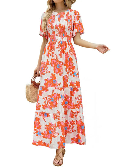Women's 2026 Summer Casual Floral Print Short Flutter Sleeve Flowy Maxi Dress