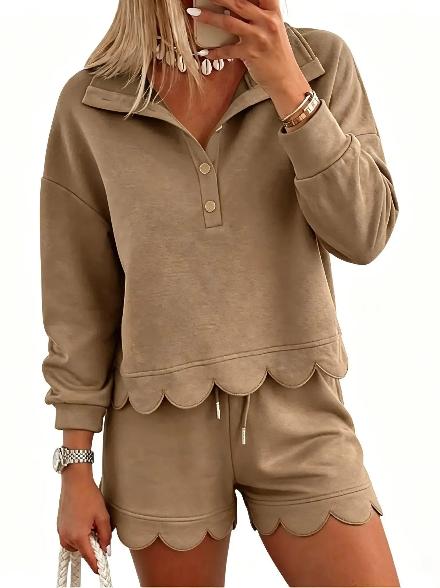 Women's Scallop Hem Half Zip Sweatshirt Shorts Set