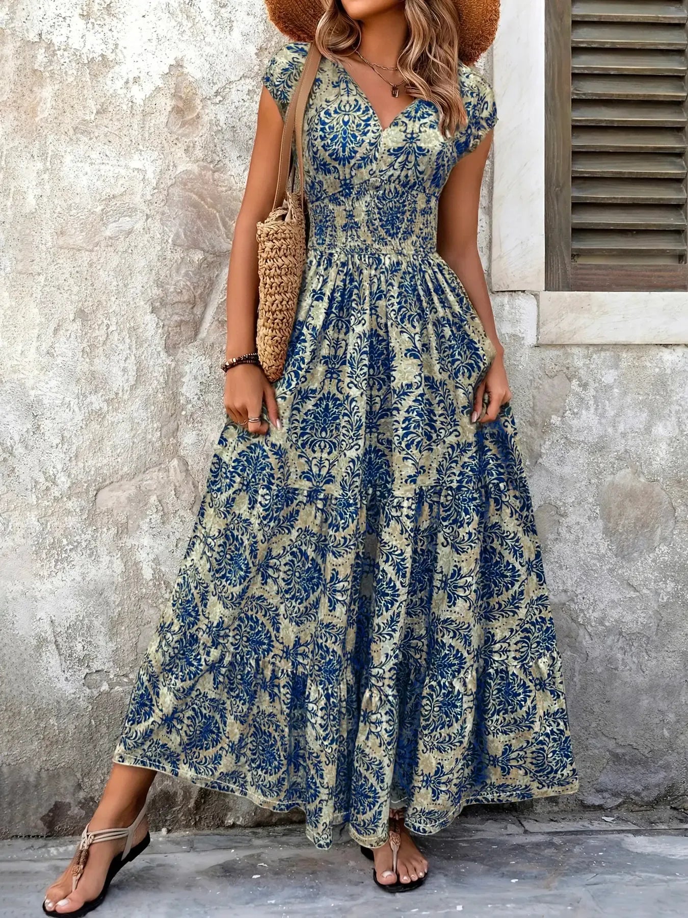 Women's Boho Chic V-Neck Flowy Maxi Dress
