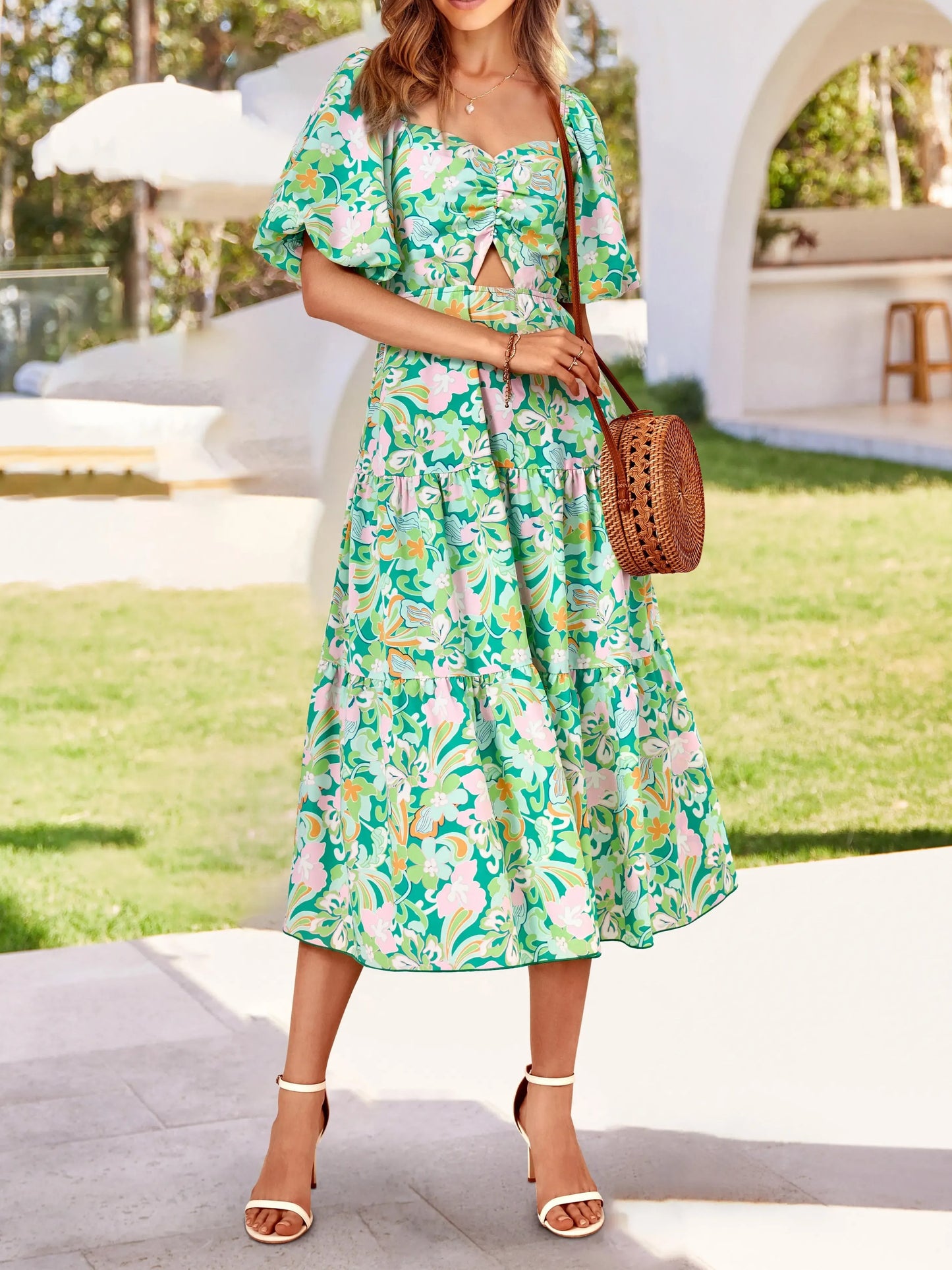 Women Square Neck Puff Sleeve Cutout Front Tiered Floral Midi Dress