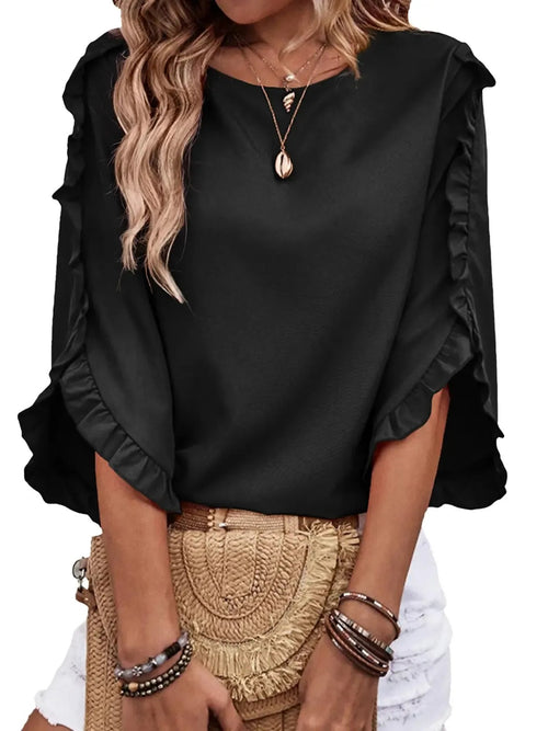 Women's 3/4 Sleeve Ruffle Round Neck Elegant Blouse