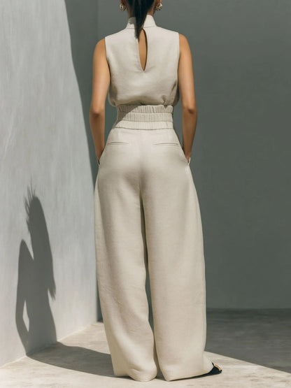 Women Casual Minimalist High Neck Sleeveless Matching Wide Leg Trousers Set