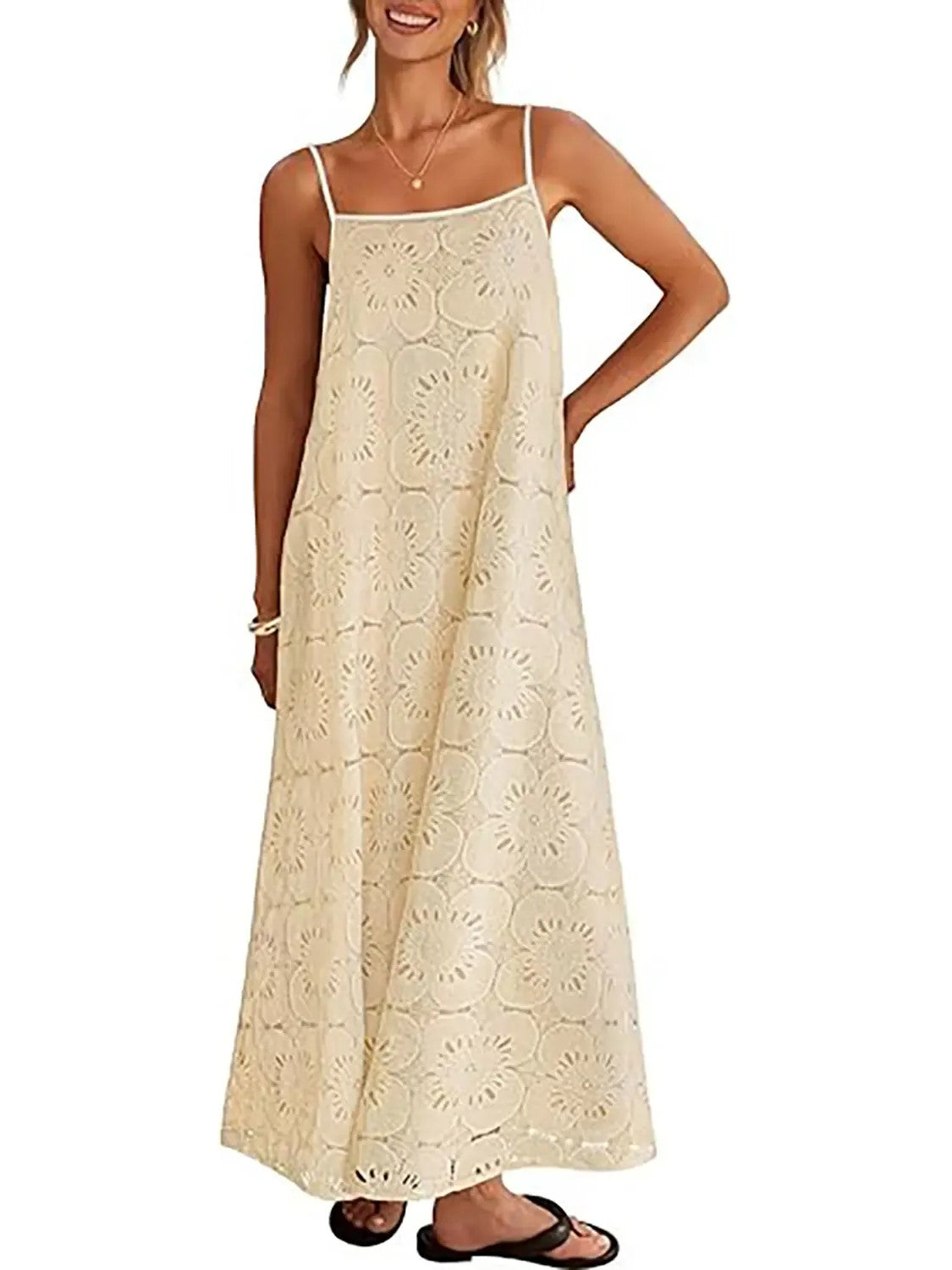 Women's Boho Hollow Floral Spaghetti Strap Maxi Dress