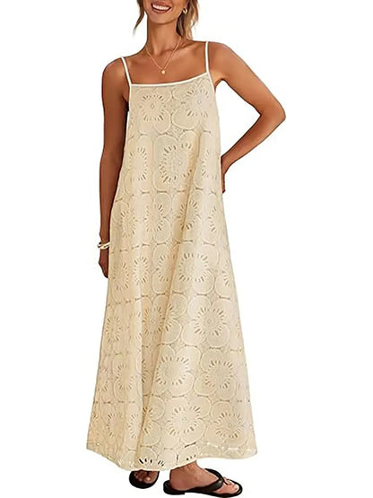 Women's Boho Hollow Floral Spaghetti Strap Maxi Dress