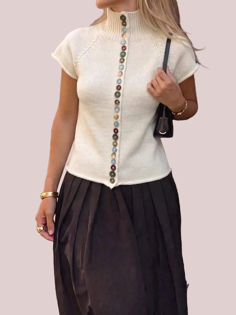 Women's Vintage Multi-Button Short Sleeve Knit Sweater