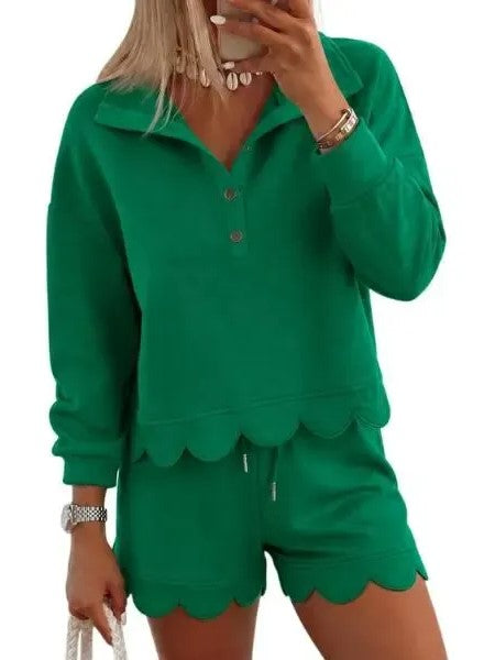 Women's Scallop Hem Half Zip Sweatshirt Shorts Set