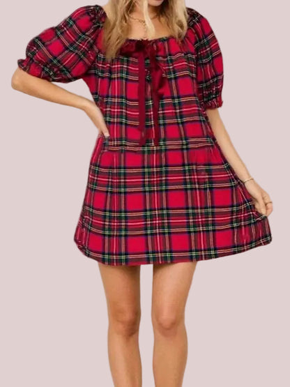 Women's Gingham Square Neck Bow Puff Sleeve Mini Dress
