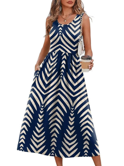 Women's Round Neck A Line Casual Midi Dress