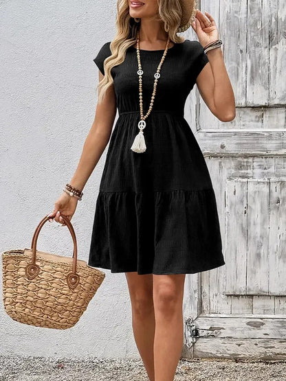 Women's Bohemian Textured Fabric Elastic Waist Mini Dress