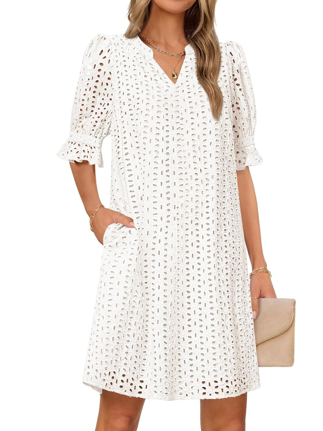 Flounce Sleeve Eyelet Tunic Dress for Women