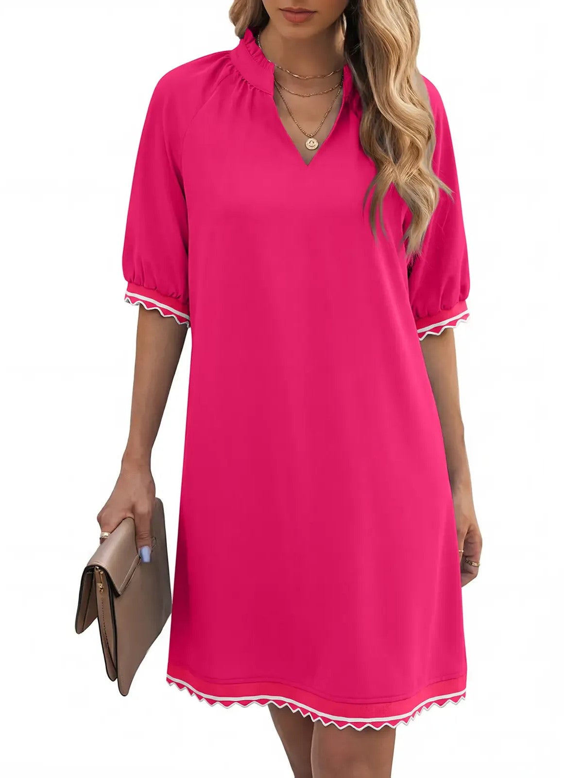 Women's Puff Sleeve Split V‑Neck Shift Dress