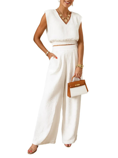 Women's Smocked Waist Sleeveless Top & Wide Leg Pants Set