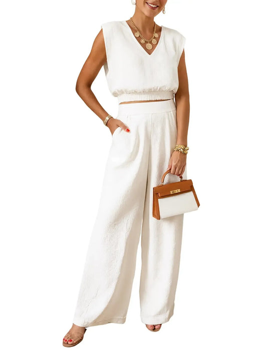 Women's Smocked Waist Sleeveless Top & Wide Leg Pants Set