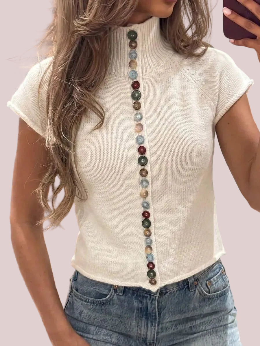 Women's Vintage Multi-Button Short Sleeve Knit Sweater