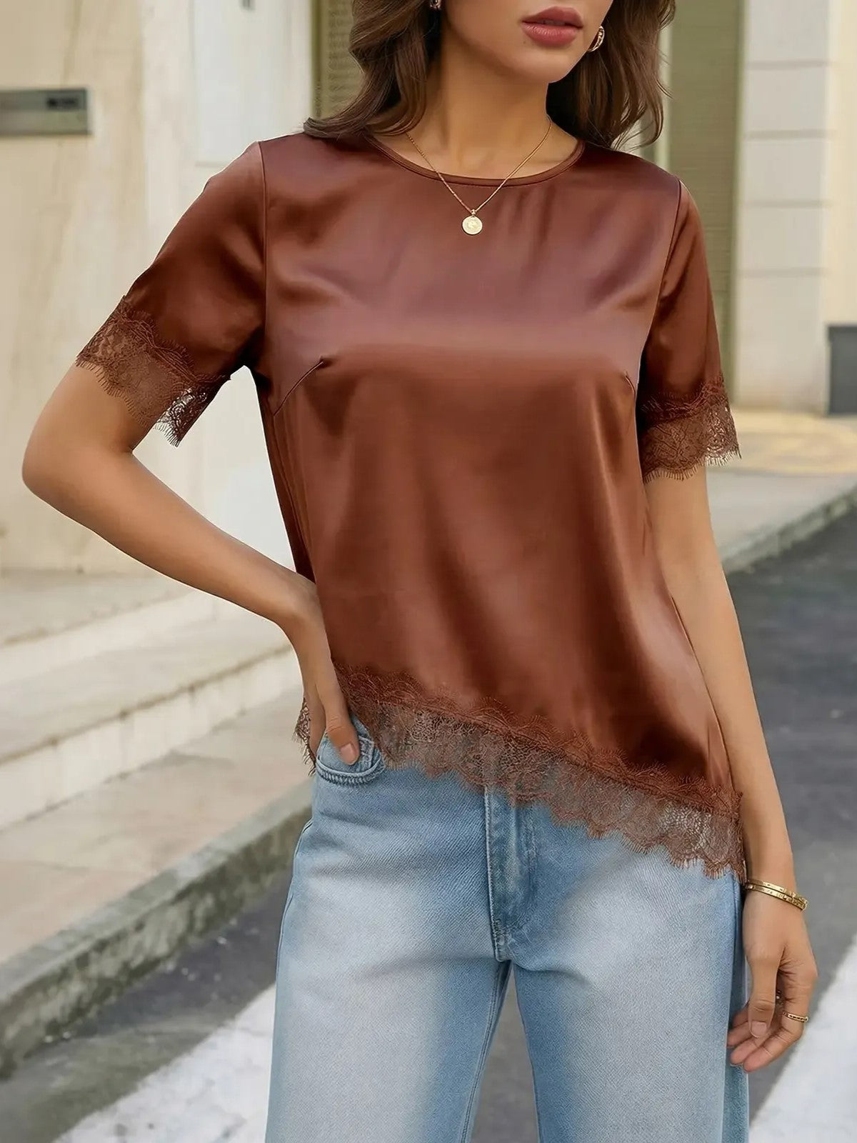 Women's Daily Uneven Hem Lace Blouse