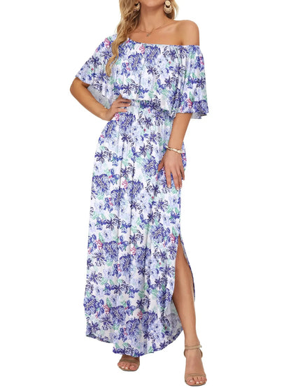 Women's Off-Shoulder Ruffled Side-Slit Maxi Dress with Pockets