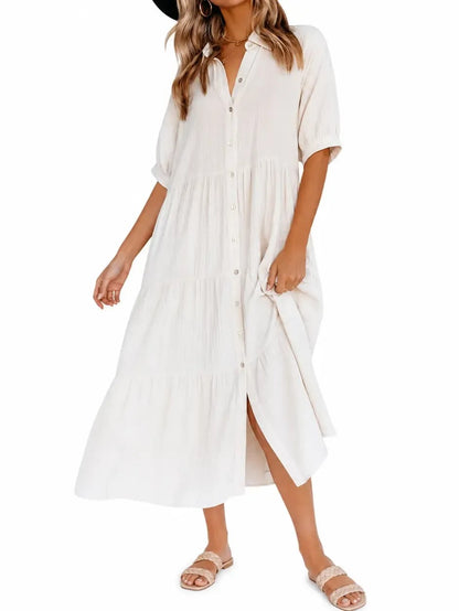 Women's Puff Sleeve Button Front Long Shirt Dress