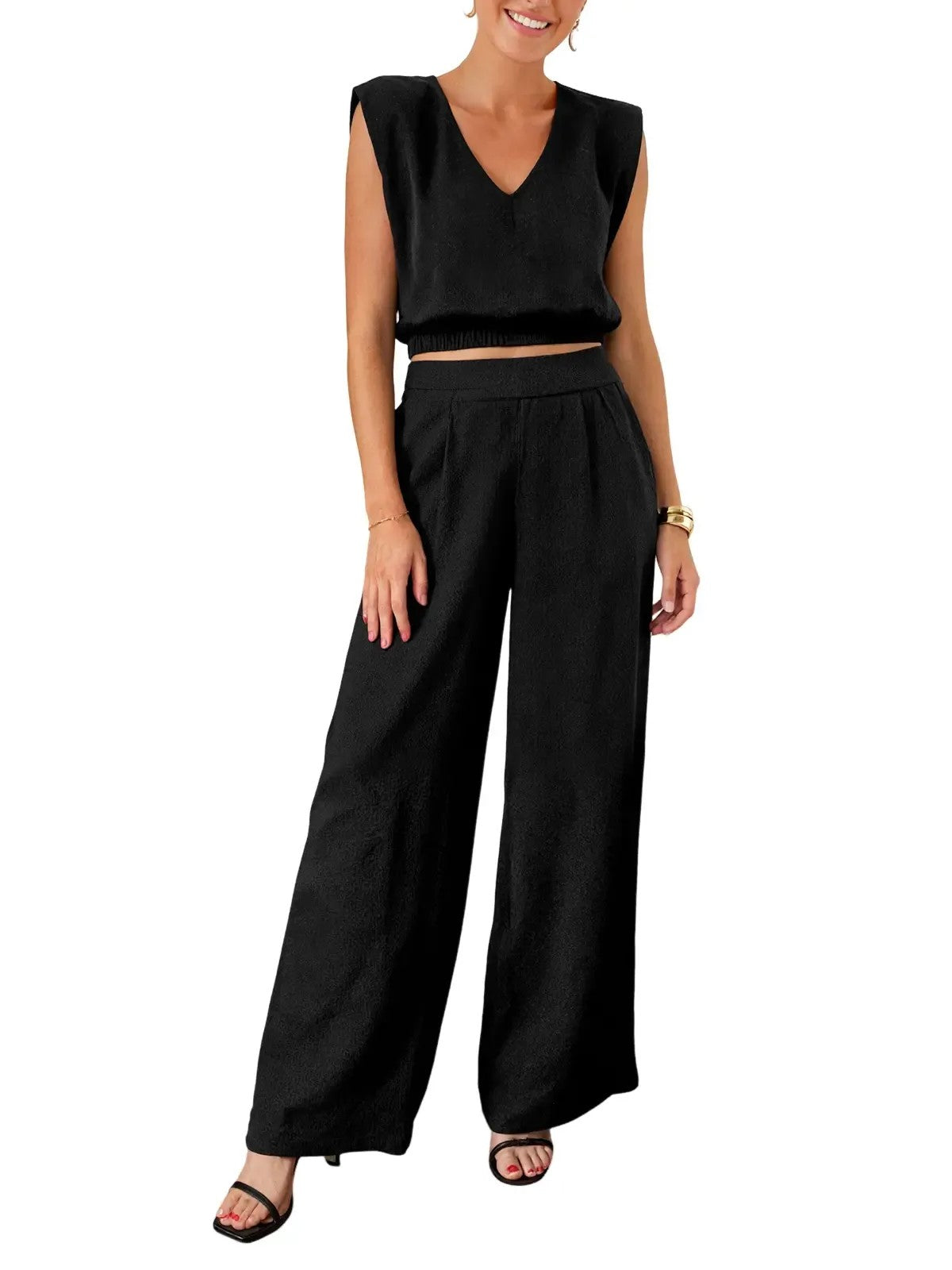 Women's Smocked Waist Sleeveless Top & Wide Leg Pants Set