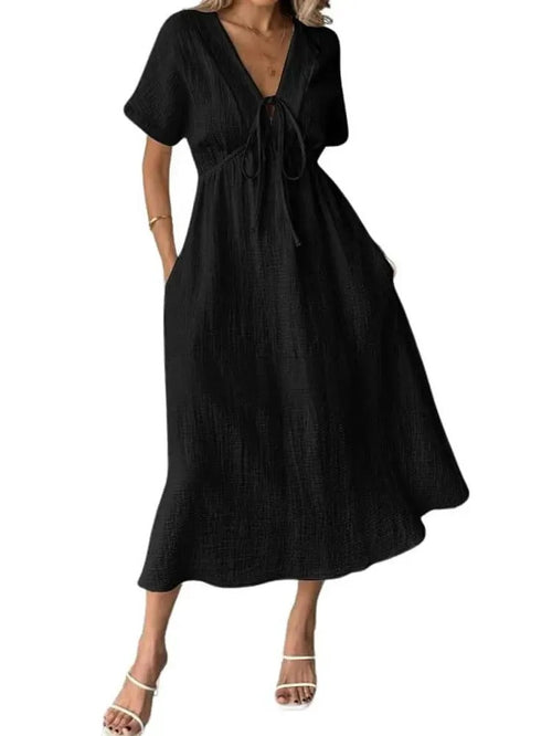 Women's V Neck Tie Front Crinkle Cotton Midi Dress