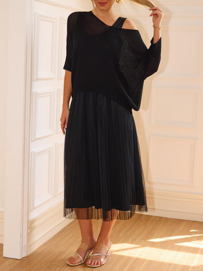 Women's Hollow-Out Top & Sleeveless Mesh Dress 2-Piece Set