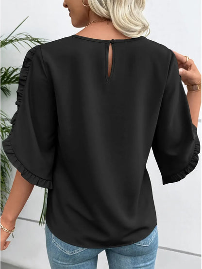 Women's 3/4 Sleeve Ruffle Round Neck Elegant Blouse