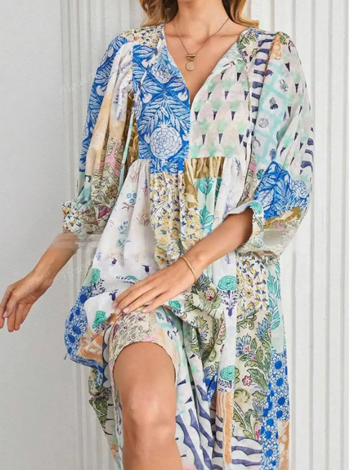 Women's Boho V Neck Flowy Midi Dress