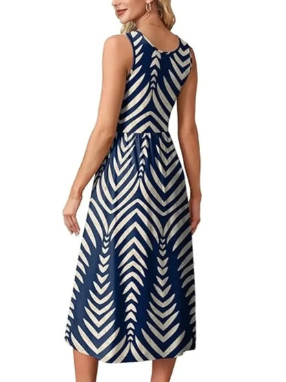 Women's Round Neck A Line Casual Midi Dress