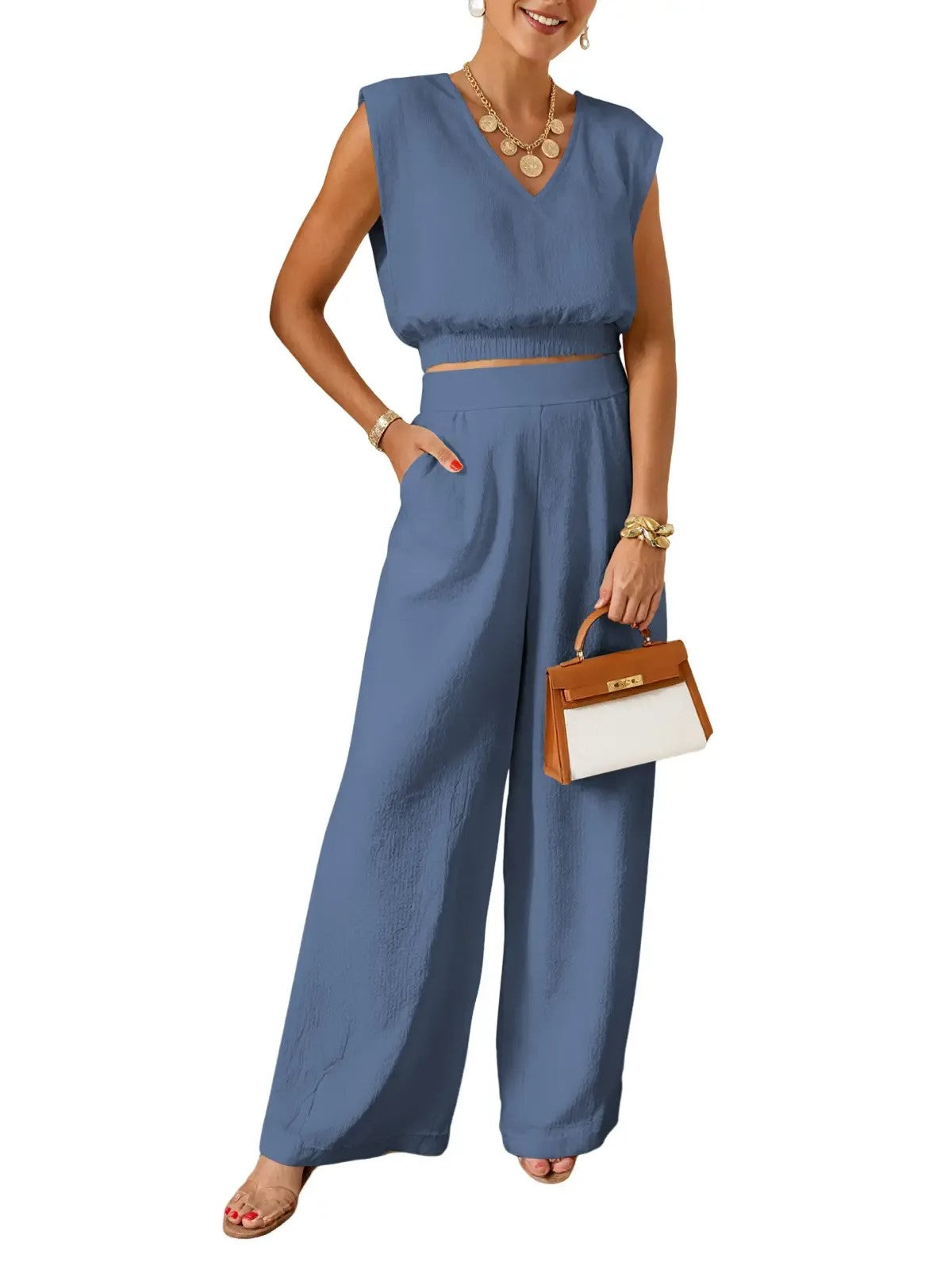 Women's Smocked Waist Sleeveless Top & Wide Leg Pants Set