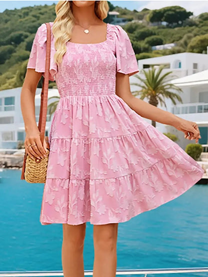 Women‘s Square Neck Floral Flutter Sleeve A Line Dress