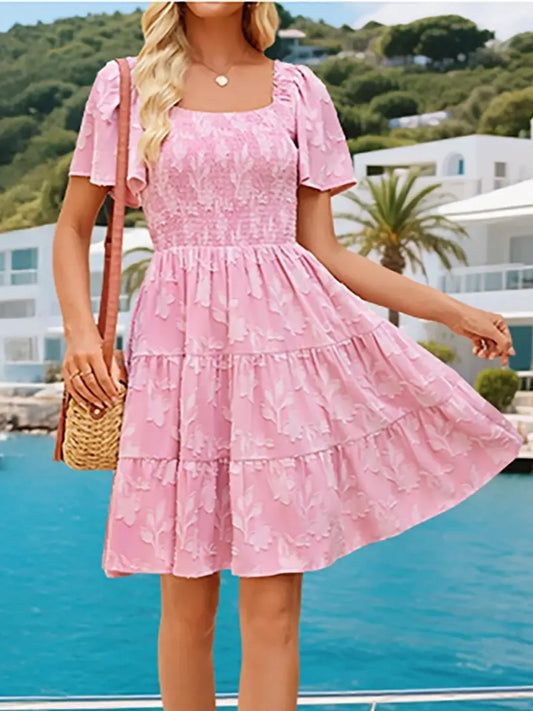 Women‘s Square Neck Floral Flutter Sleeve A Line Dress