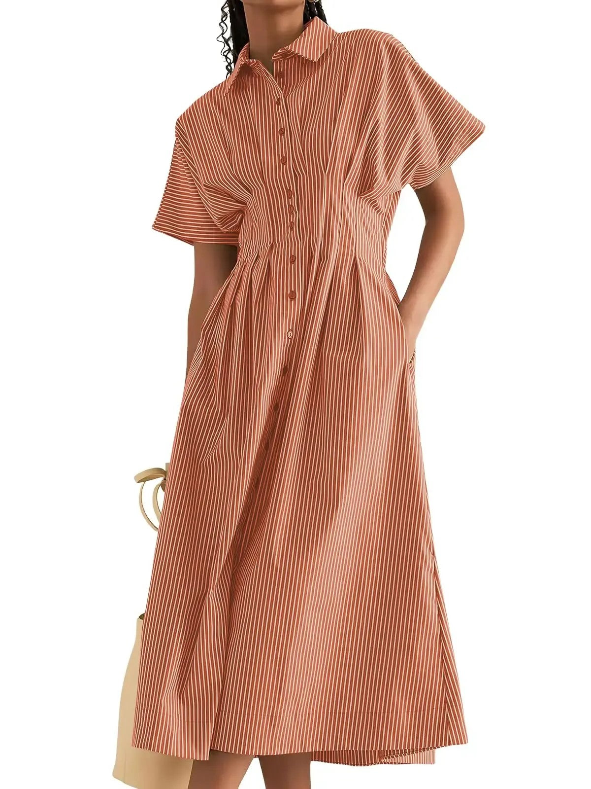 Women's Minimalist Striped Waist-Tucked Shirt Dress
