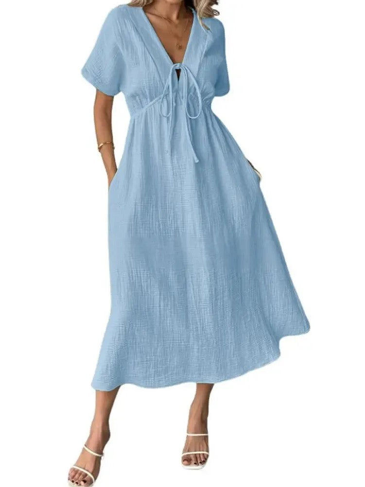Women's V Neck Tie Front Crinkle Cotton Midi Dress