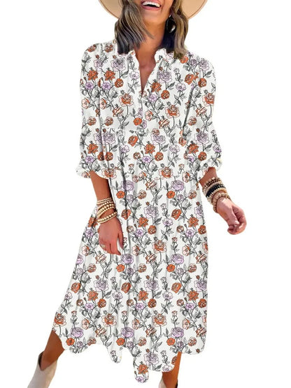 Women's Casual Bohemian Floral V-Neck Long Puff Sleeve Midi Dress